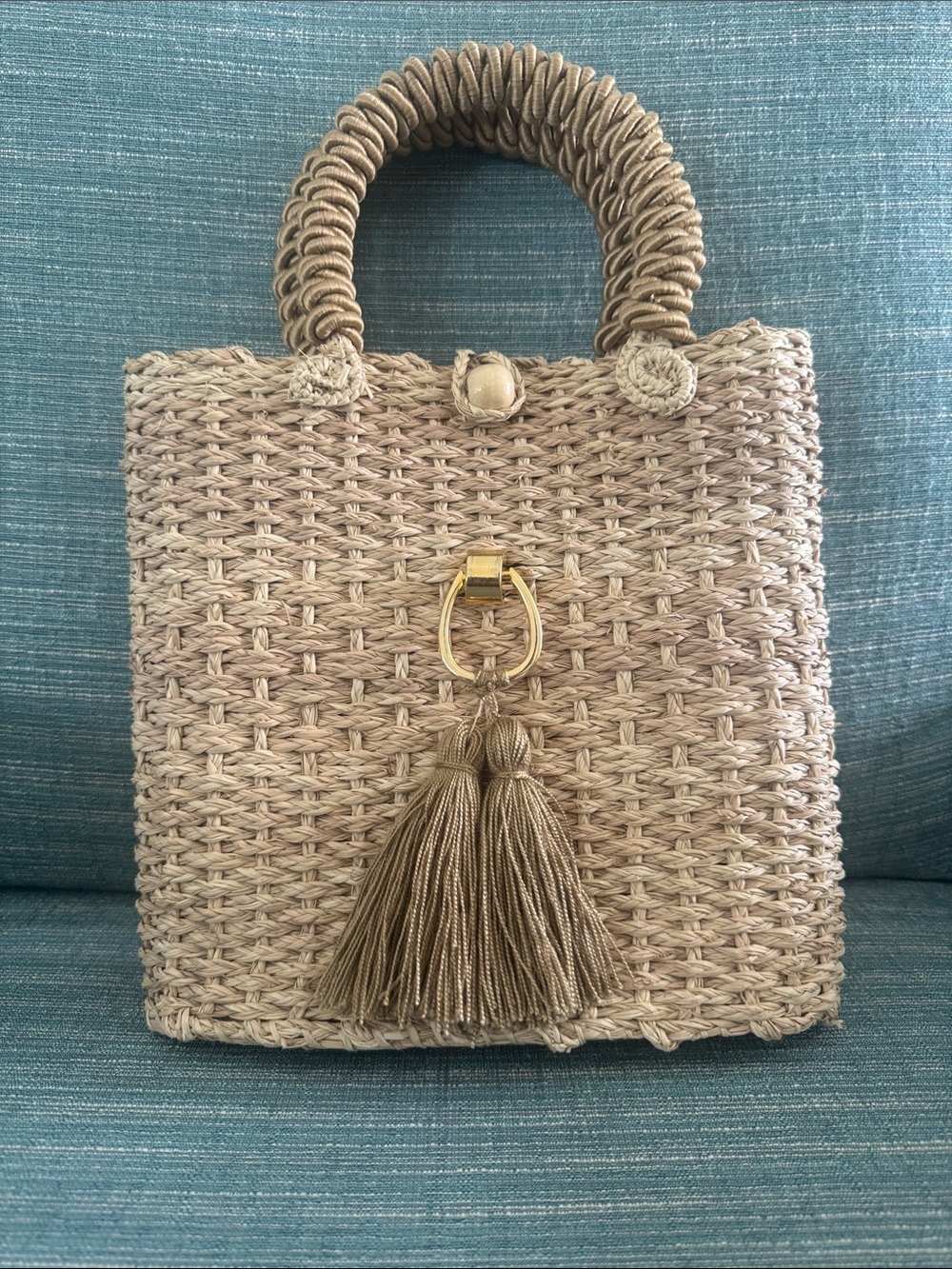 Woven Tassel Top-Handle Tote - Beige - Picture 1 of 3